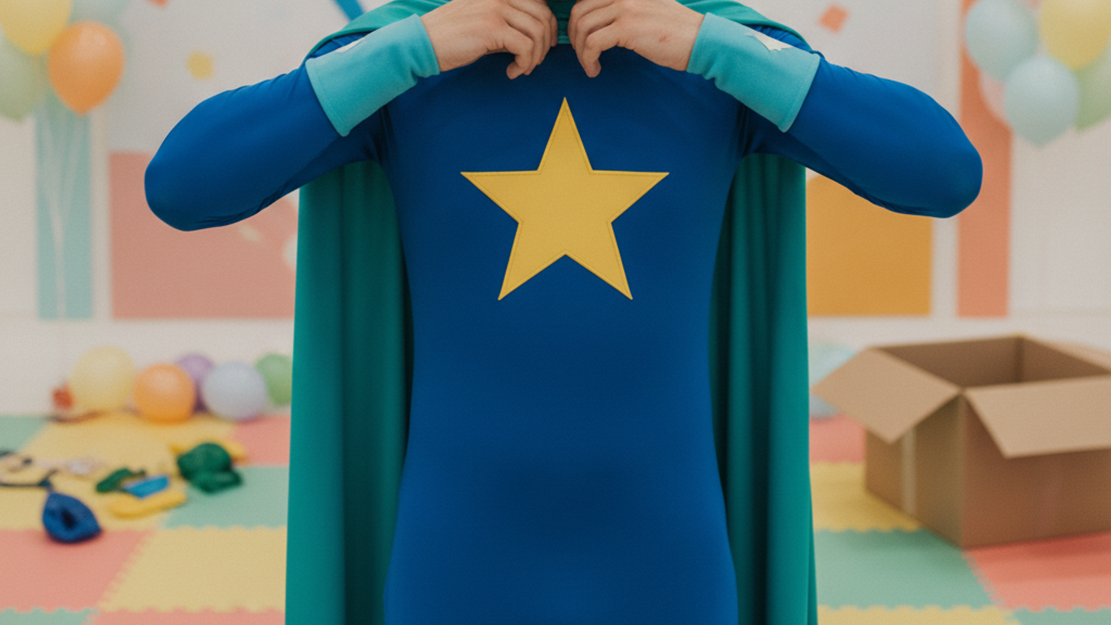 generic hero party performer preparing cape and props for a Dubai kids visit