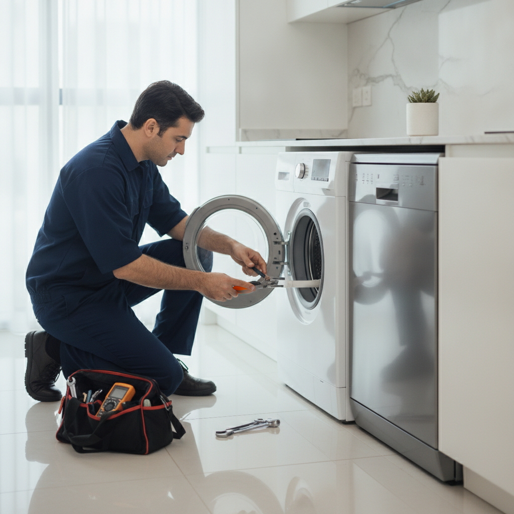 technician repairing a washing machine in a Dubai apartment laundry area