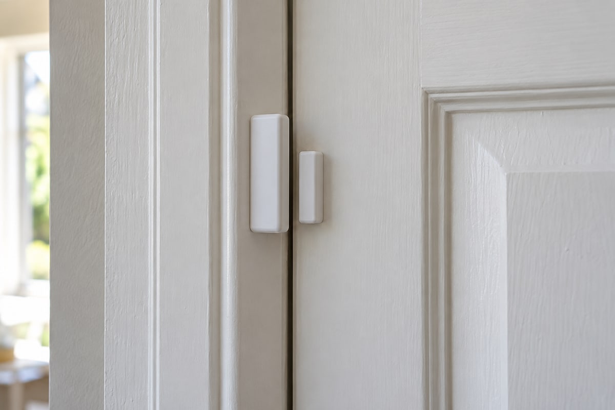 Two unbranded contact-sensor housings fixed separately to a closed door and its frame.