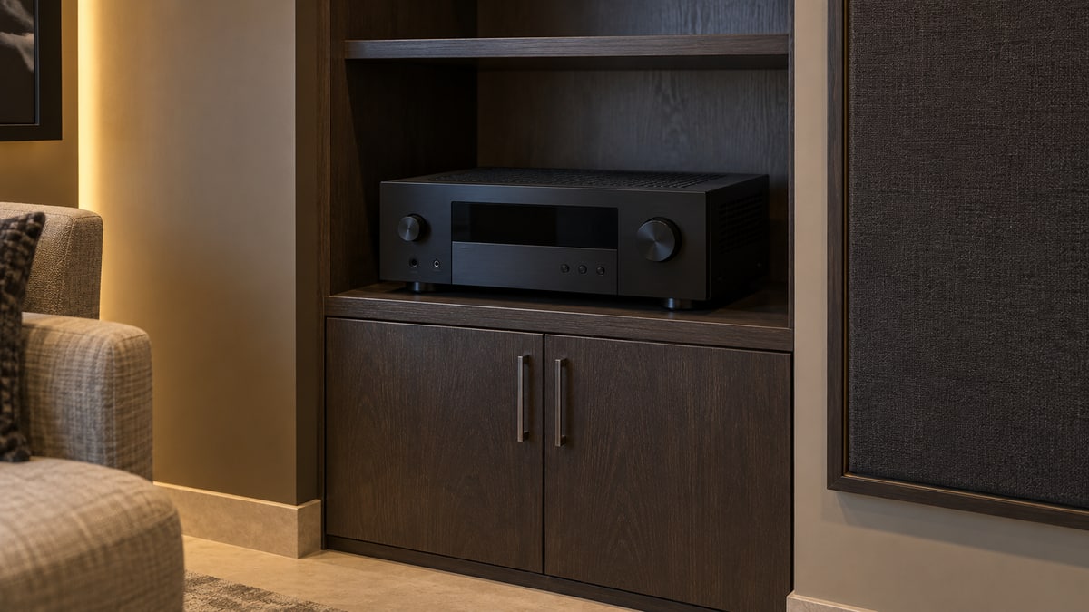 AV receiver on an open shelf beside a fabric acoustic panel