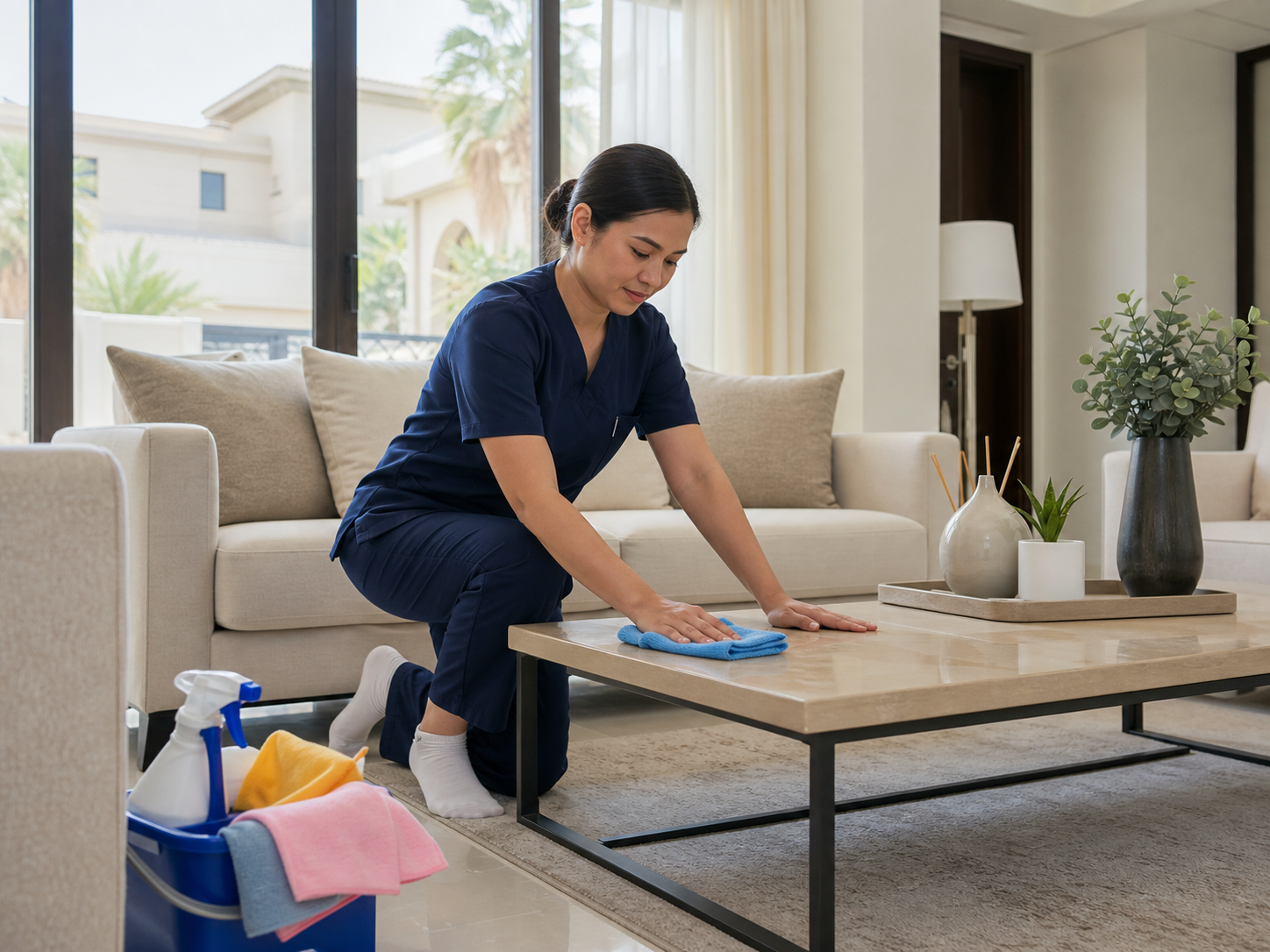 Villa home cleaning scope in a bright Dubai living room
