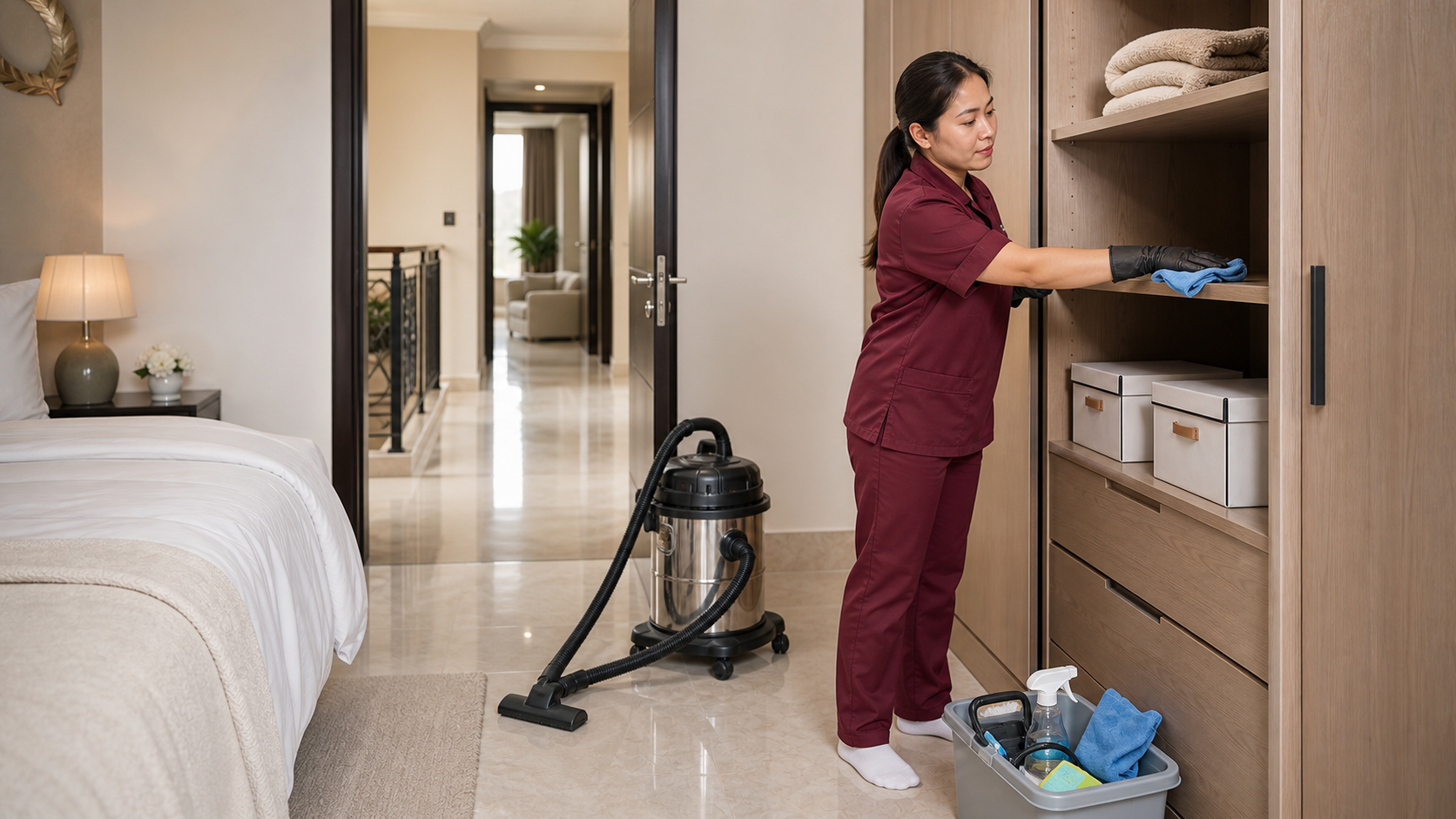 adult Filipina cleaner wearing clean socks while cleaning wardrobe shelves during a UAE move-in cleaning visit