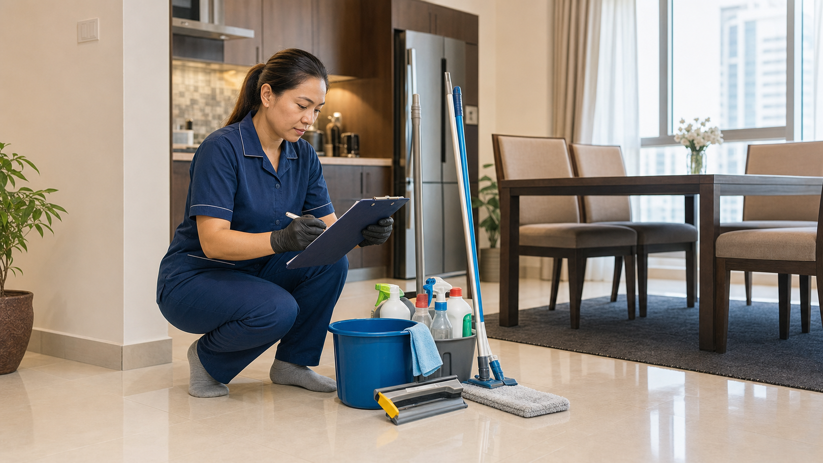 adult Filipina cleaning professional wearing clean socks while checking a home cleaning quote checklist in a UAE apartment