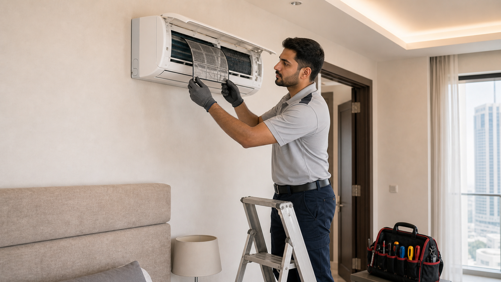 male HVAC technician inspecting a split AC filter during a Dubai annual maintenance contract visit