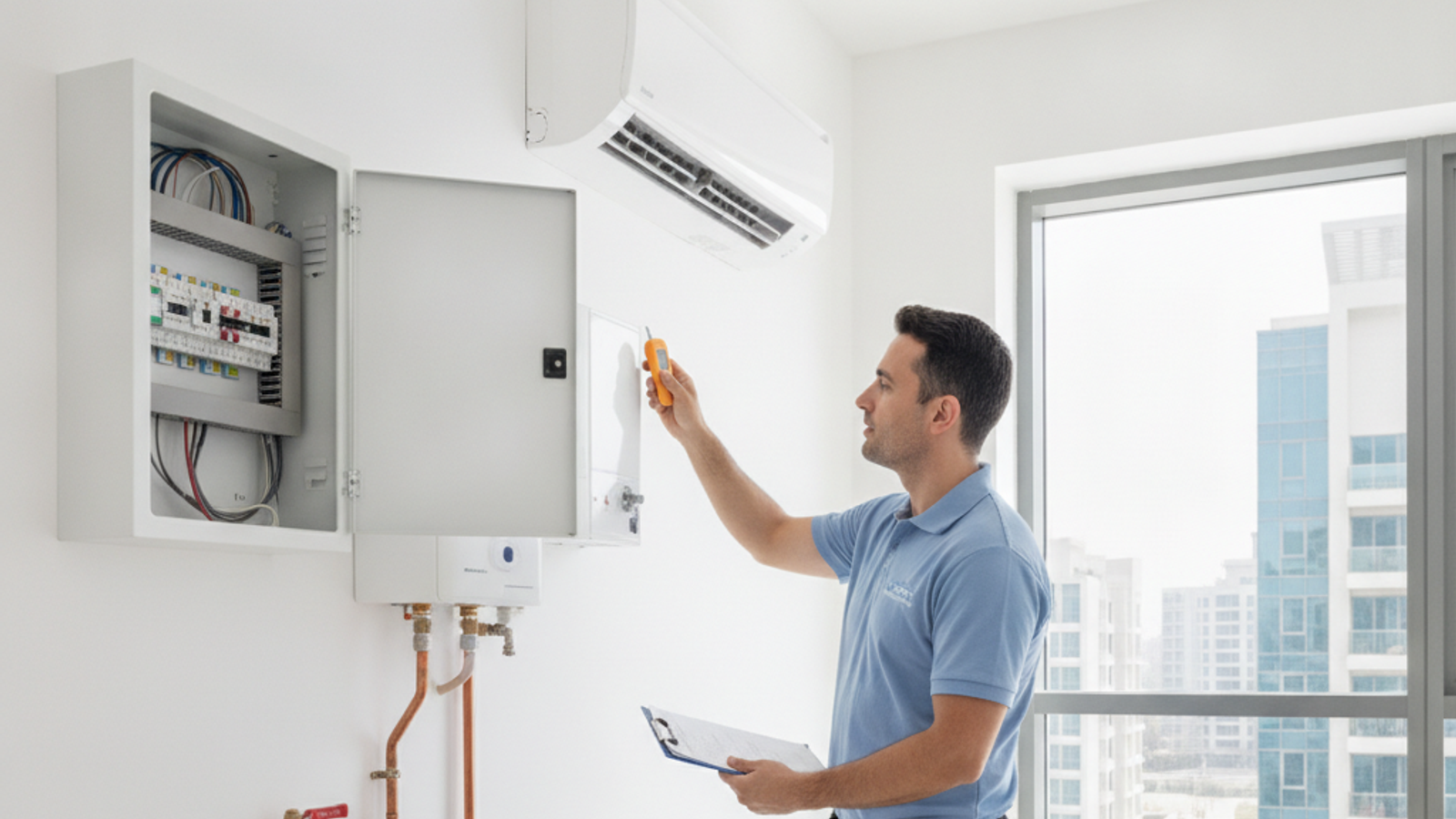 technician checking AC and plumbing items during a Dubai home maintenance visit
