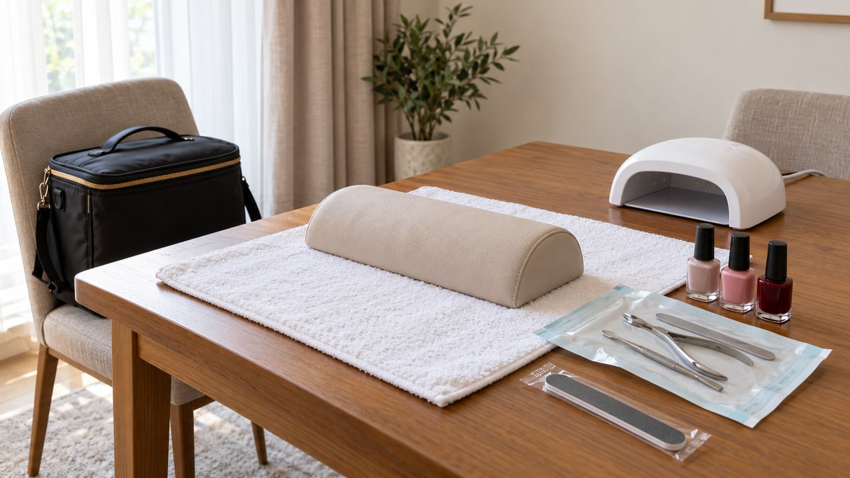 A home manicure setup with clean towel, hand cushion and sealed nail tools.