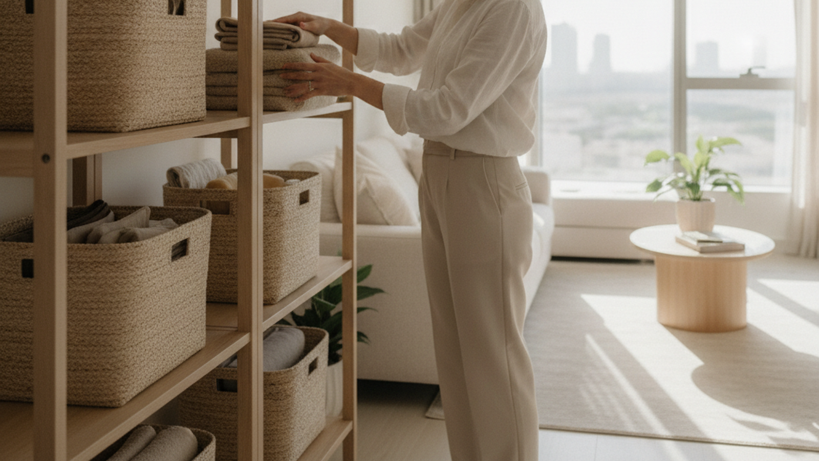 professional home organizer arranging storage baskets in a Dubai apartment