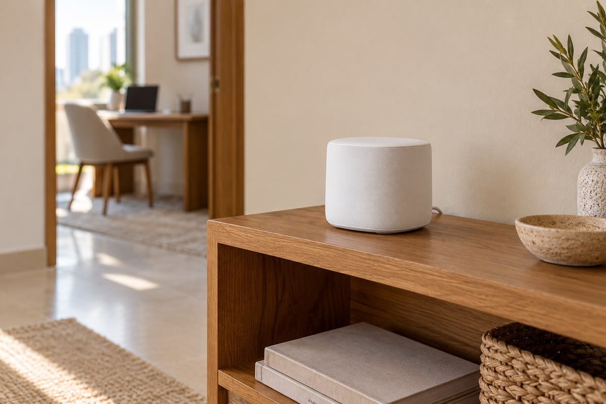 Mesh Wi-Fi node on an open hallway console beside a home office