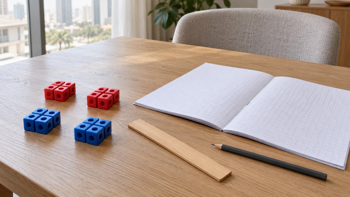 Counting cubes, squared exercise book and pencil on a home study table