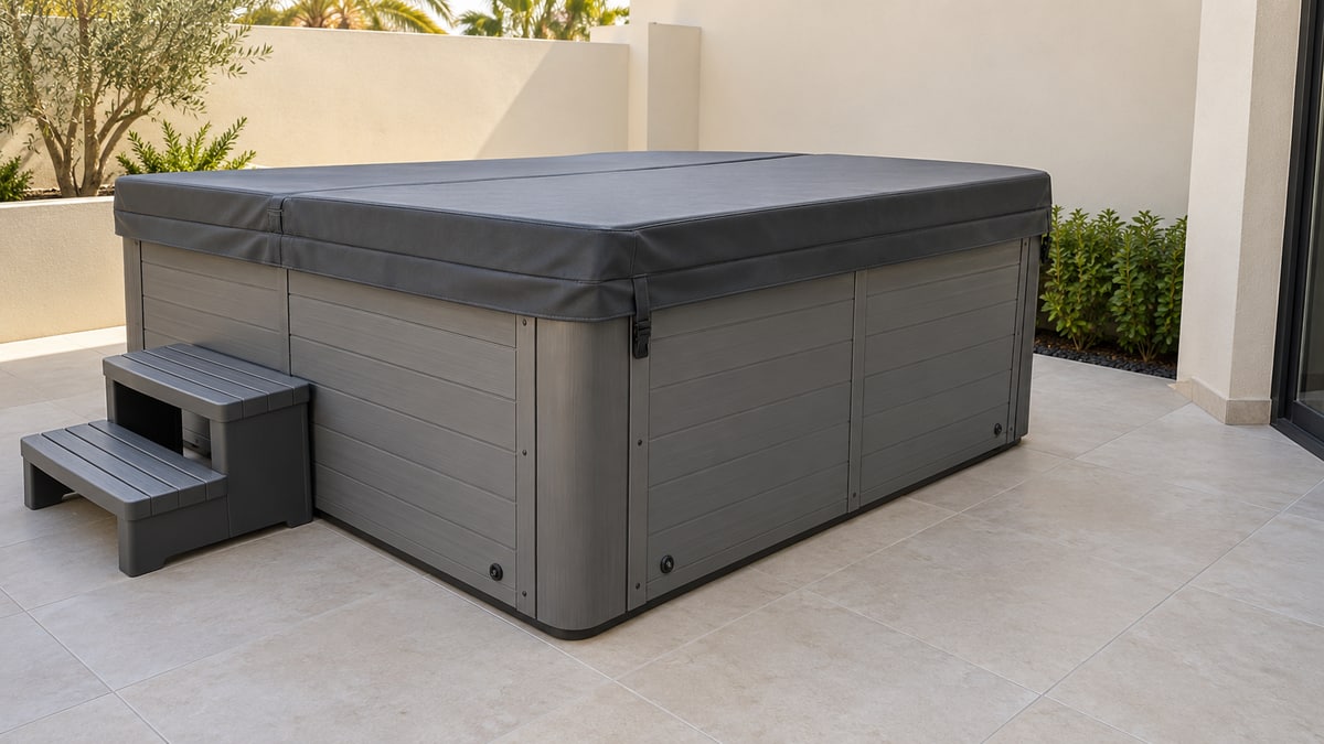 Covered hot tub with a clear tiled area beside its cabinet panels