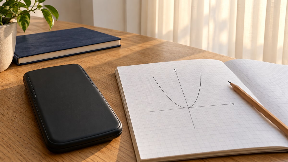 A covered graphing calculator, squared notebook and pencil arranged on a home study desk.