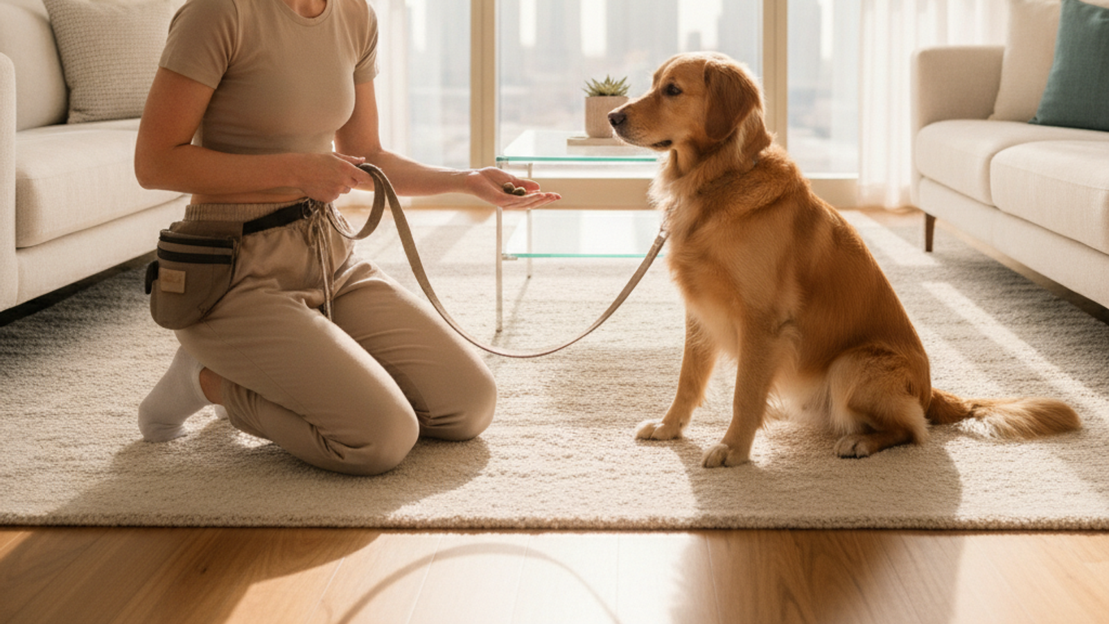dog trainer practicing calm leash training in a Dubai apartment