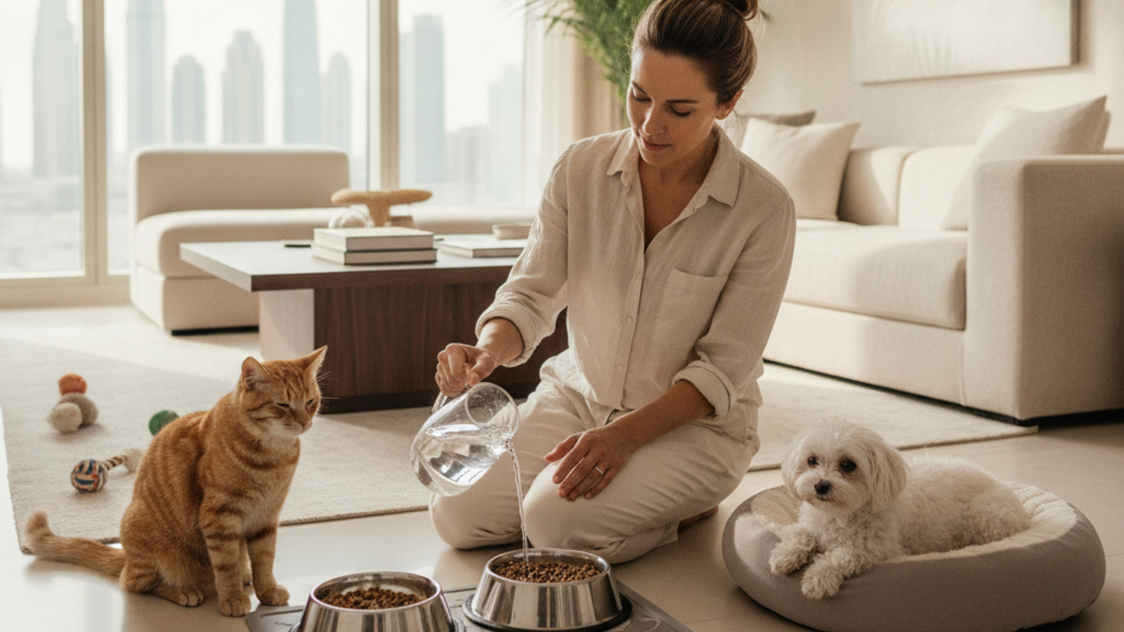 pet sitter feeding a cat in a Dubai apartment