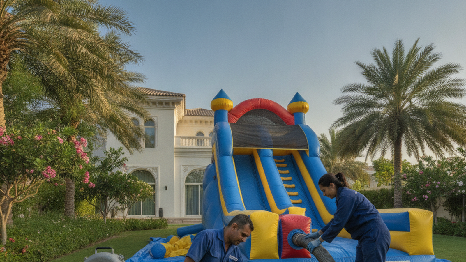 rental crew securing an inflatable slide in a Dubai garden