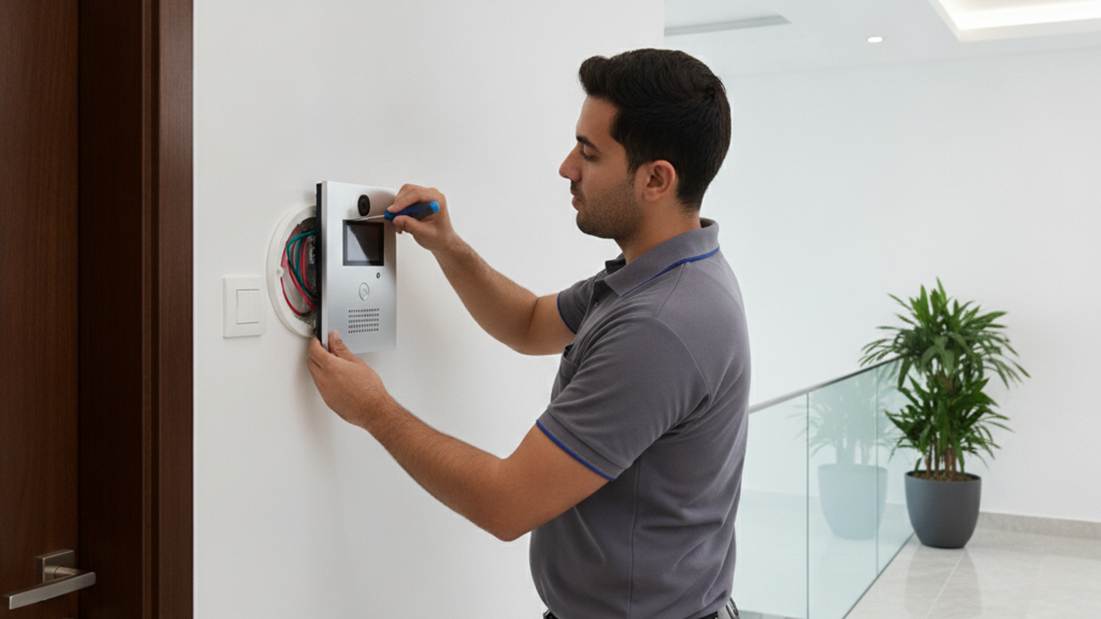 technician installing a video intercom panel at a Dubai apartment entrance