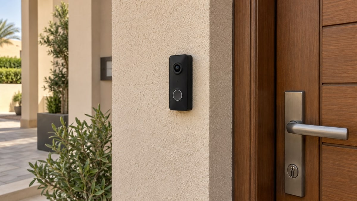 Standalone video doorbell beside a villa front door