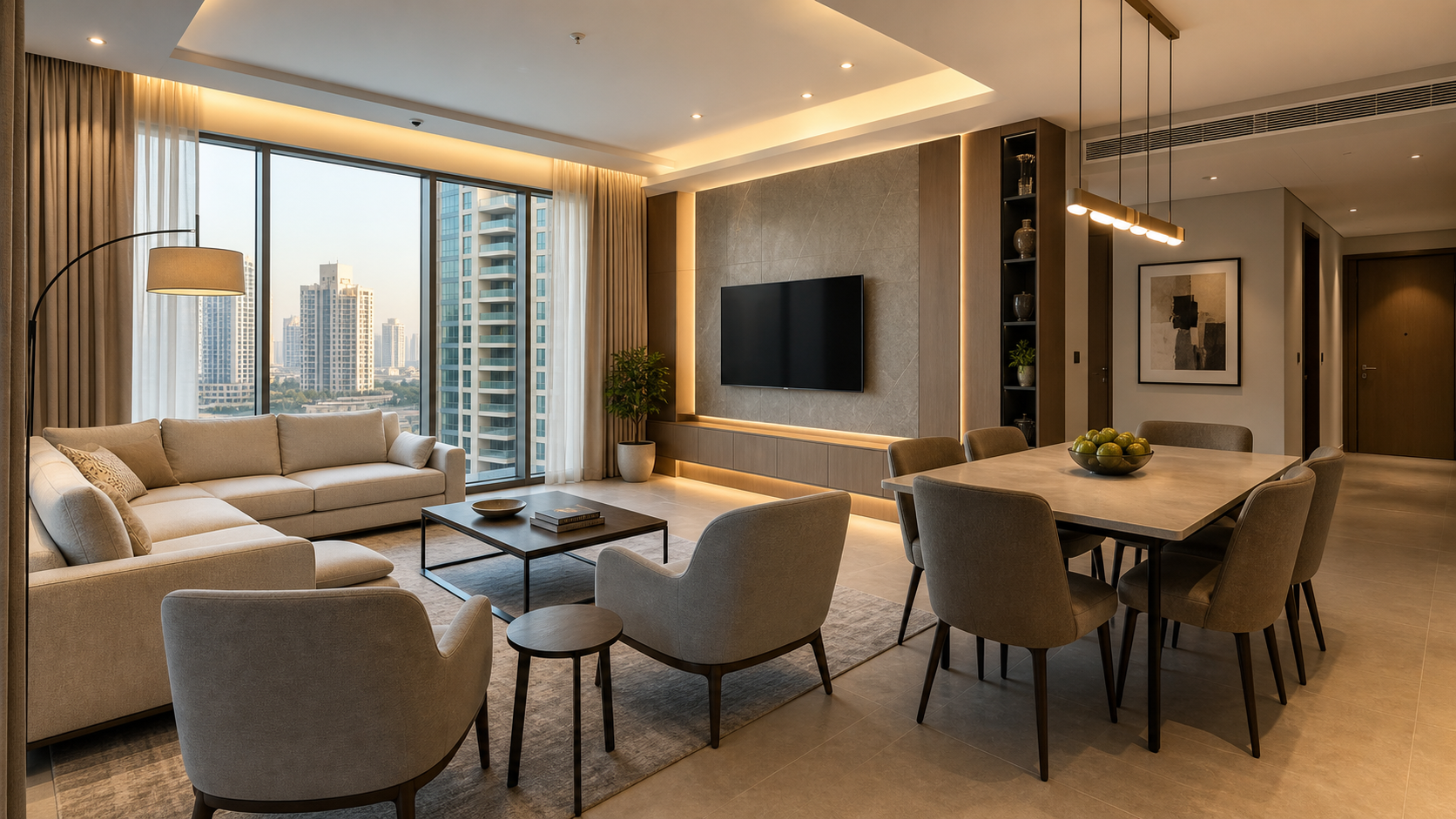 finished contemporary living and dining interior in a Dubai apartment