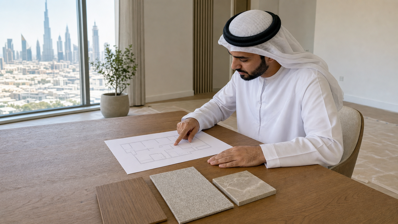 male interior designer reviewing a floor plan and material samples in a Dubai apartment