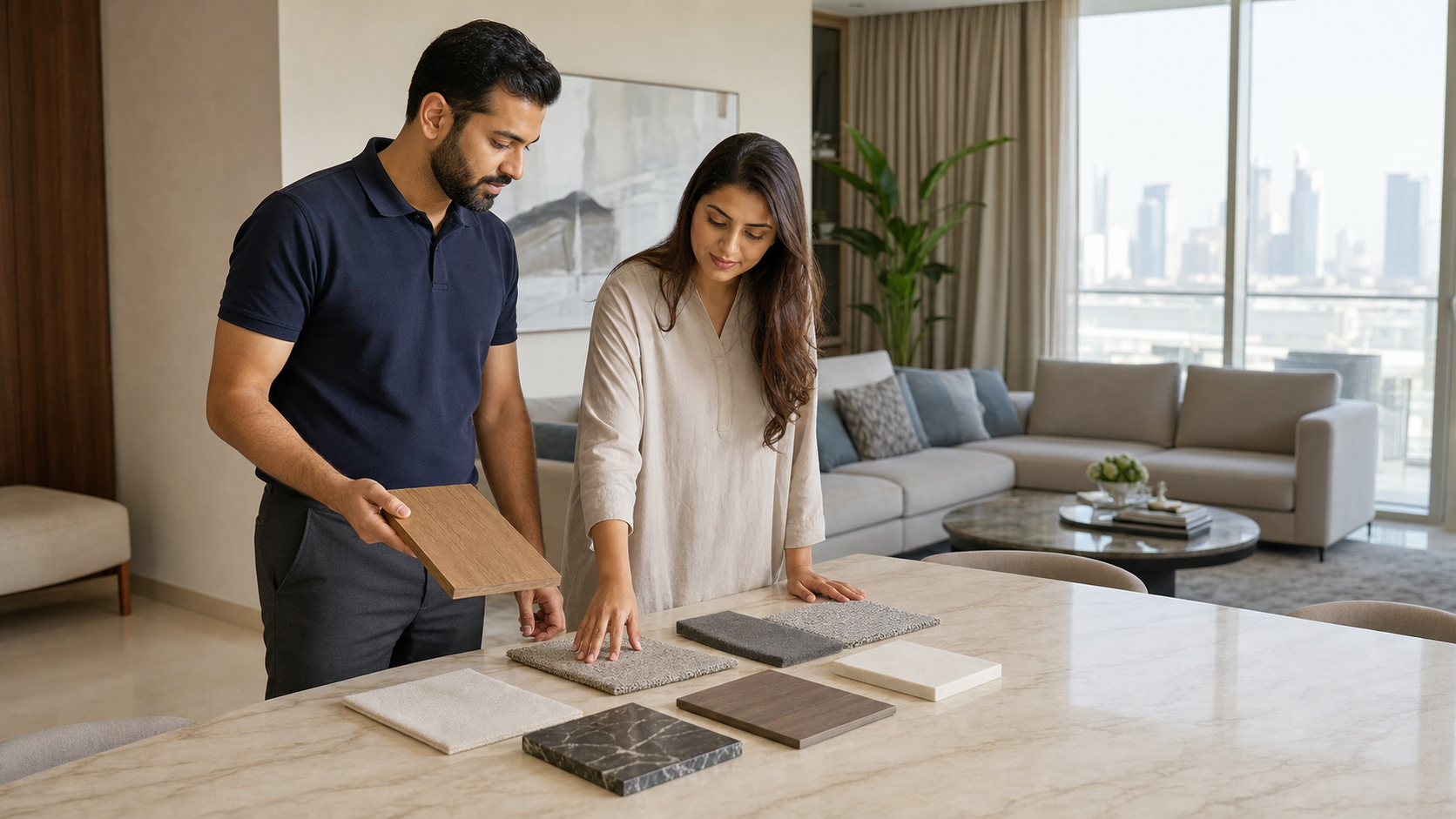 male interior designer and female resident reviewing finish samples in a Dubai apartment