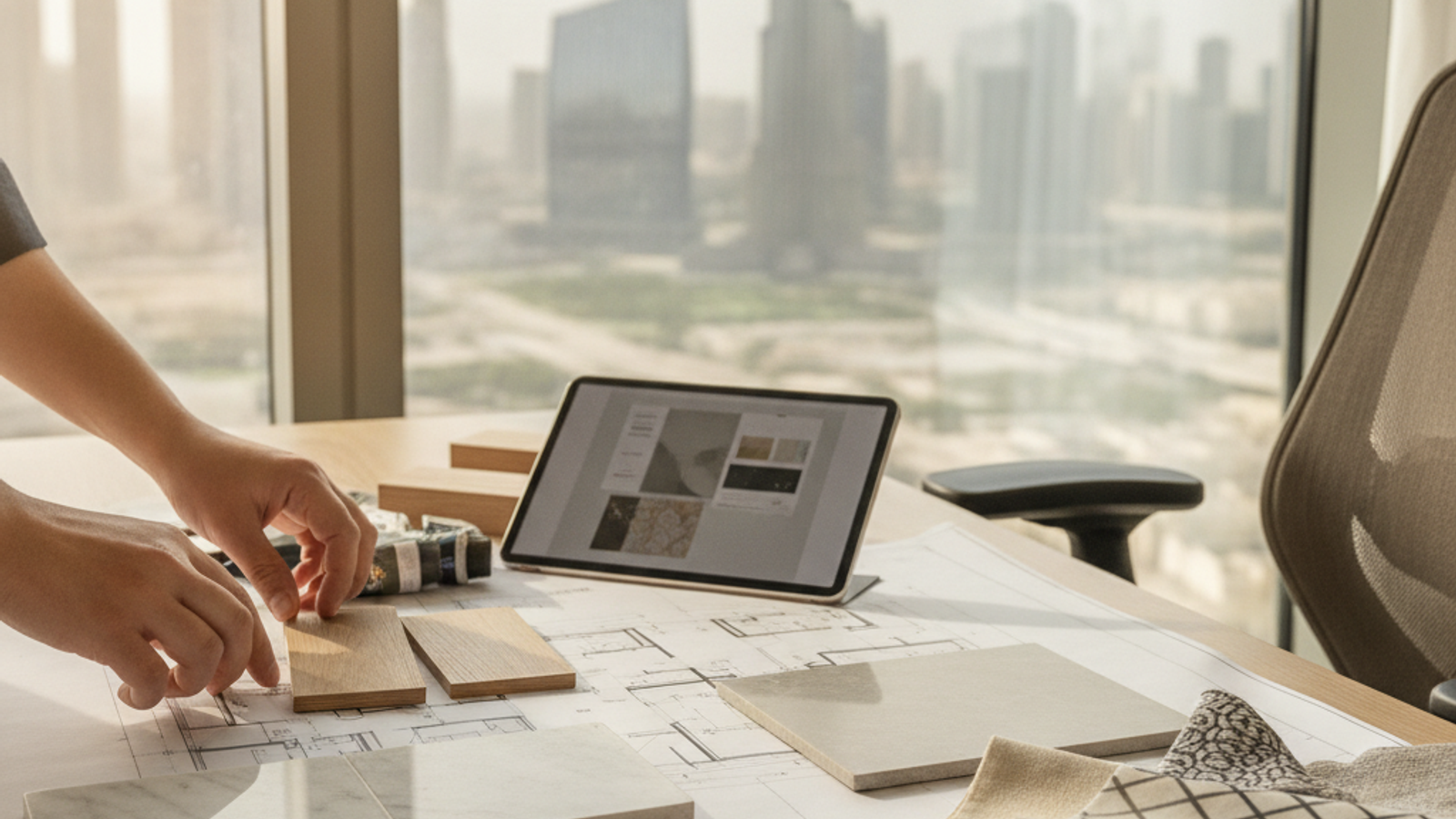 interior designer reviewing material samples for a Dubai apartment