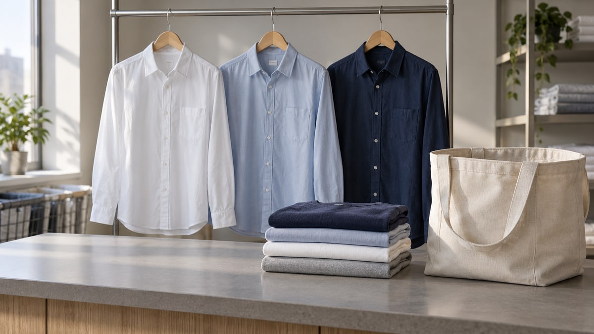 Pressed shirts on hangers beside folded clothes and a plain collection bag