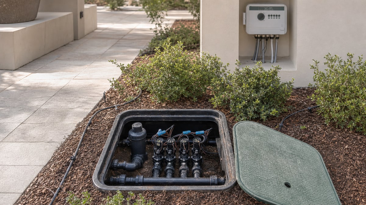 Four-zone irrigation valve manifold and filter installed in a Dubai villa garden