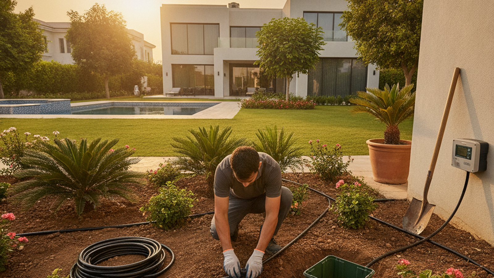 technician installing drip irrigation lines in a Dubai villa garden