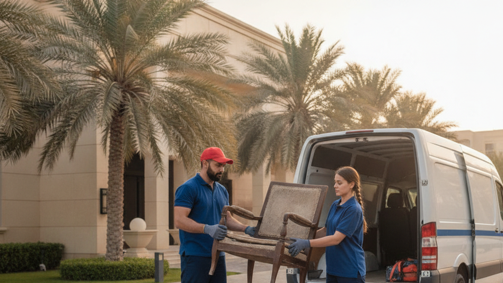 two movers loading old furniture for junk removal in Dubai
