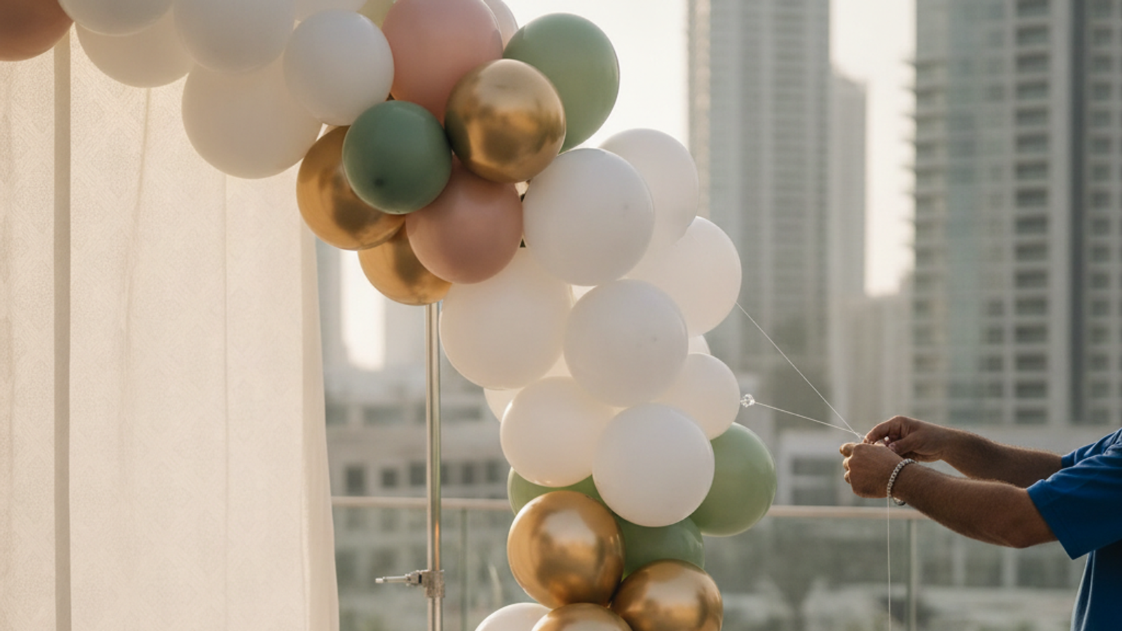 party decorator building a balloon garland in Dubai