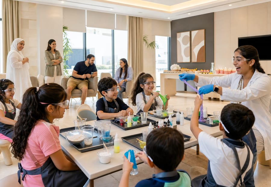 Dubai indoor kids birthday party with slime science workshop activity station in a community clubhouse