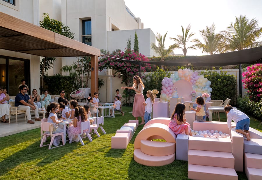 Dubai villa backyard kids birthday party with soft play pastel balloons cake table and party host