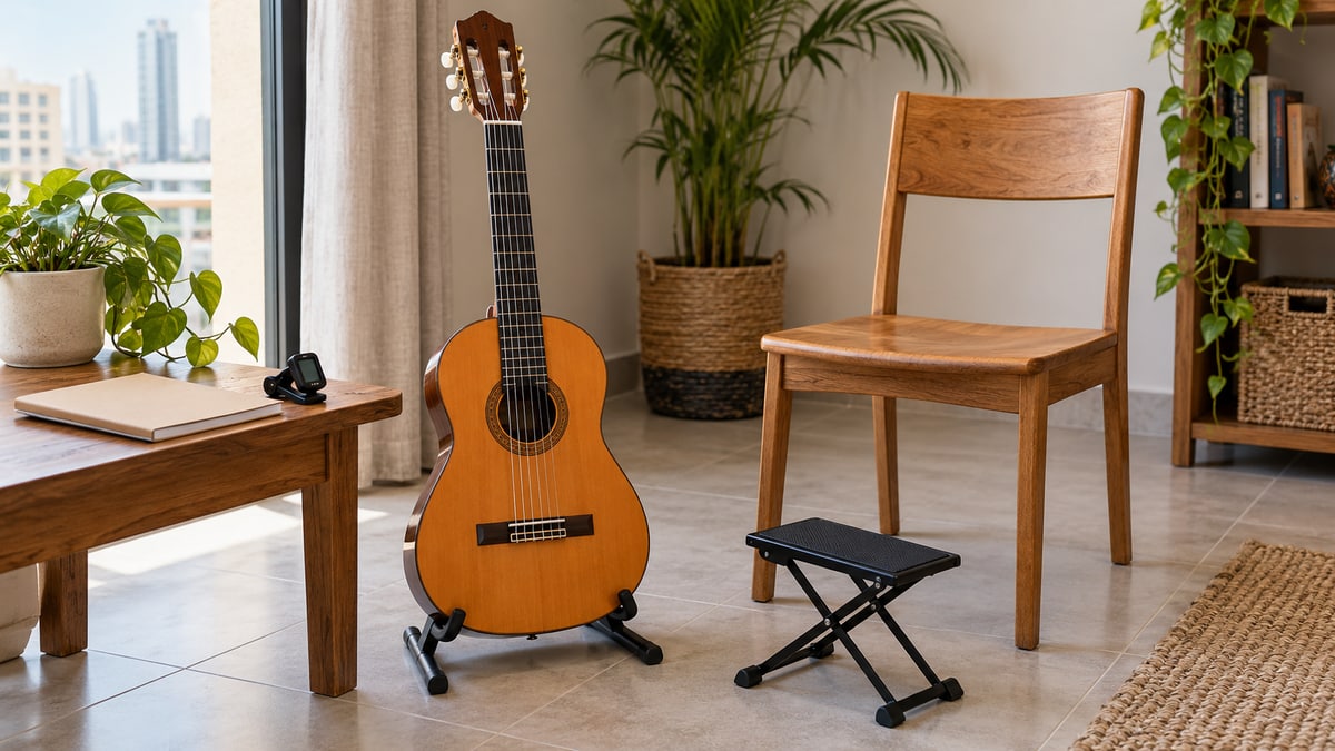 Classical guitar on a stand beside an armless chair and footstool in a home practice corner