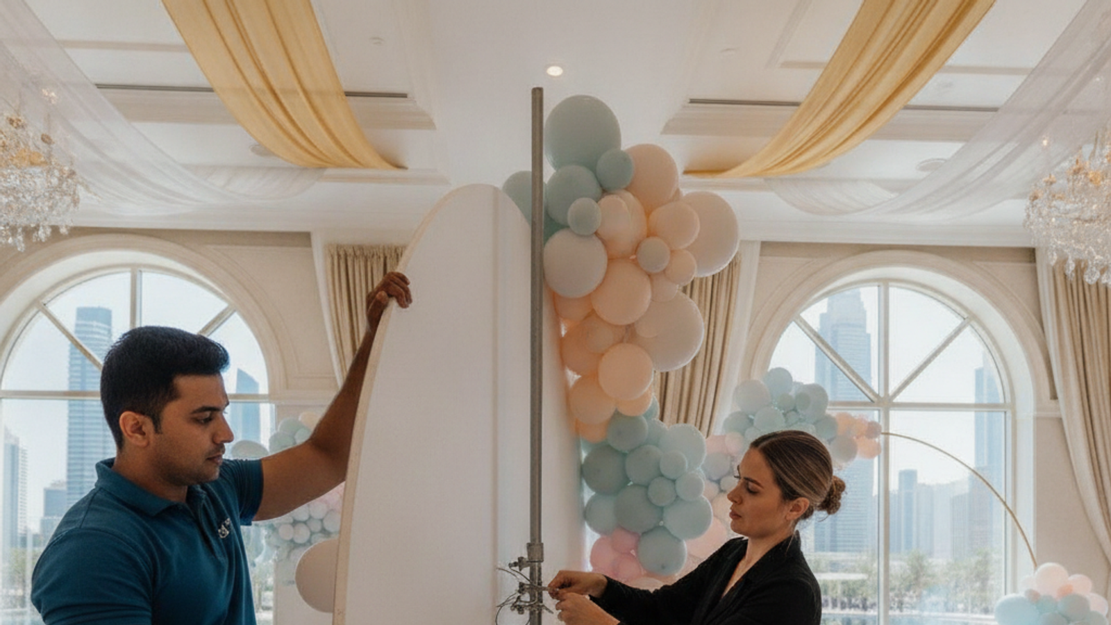 decorators installing a kids party backdrop in Dubai