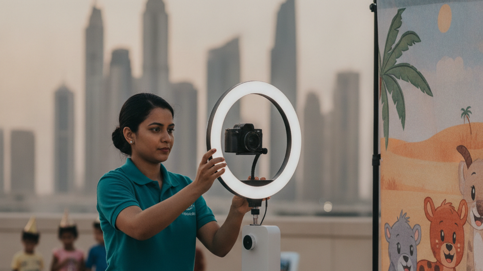 attendant setting up a kids party photo booth in Dubai
