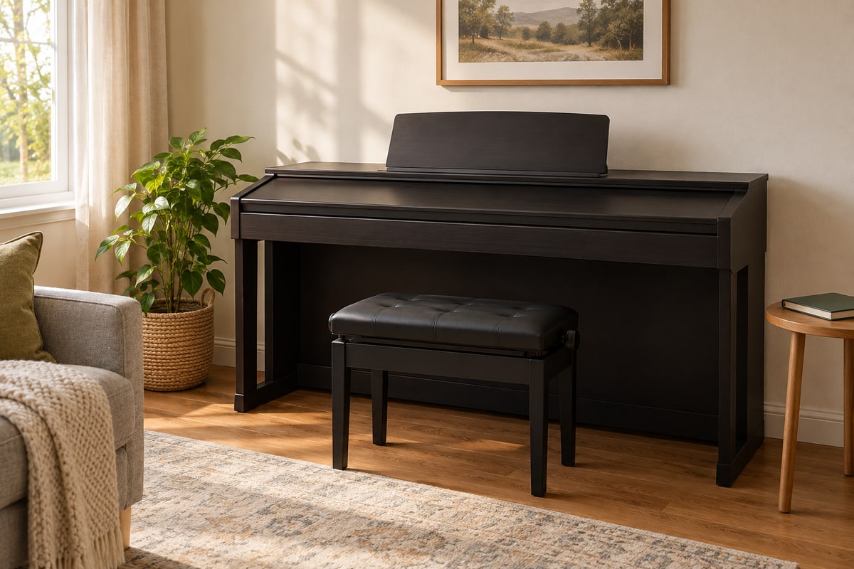 Digital piano with its keyboard cover closed and an adjustable bench in a home