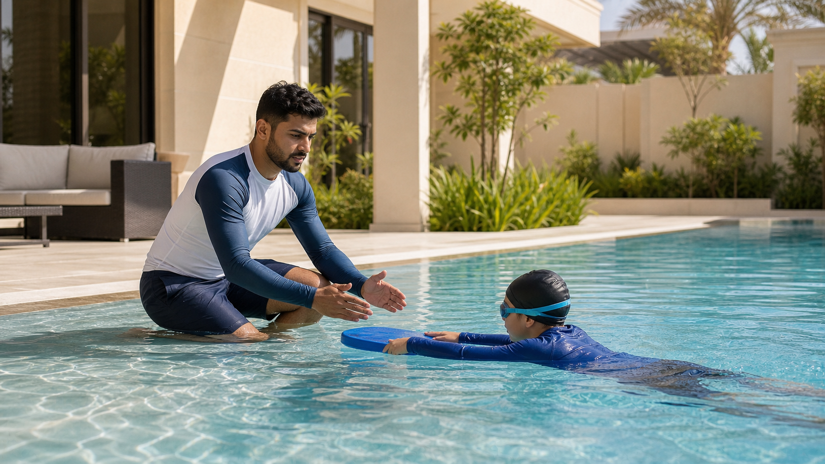 male kids swimming coach teaching a child with a kickboard in a Dubai villa home pool