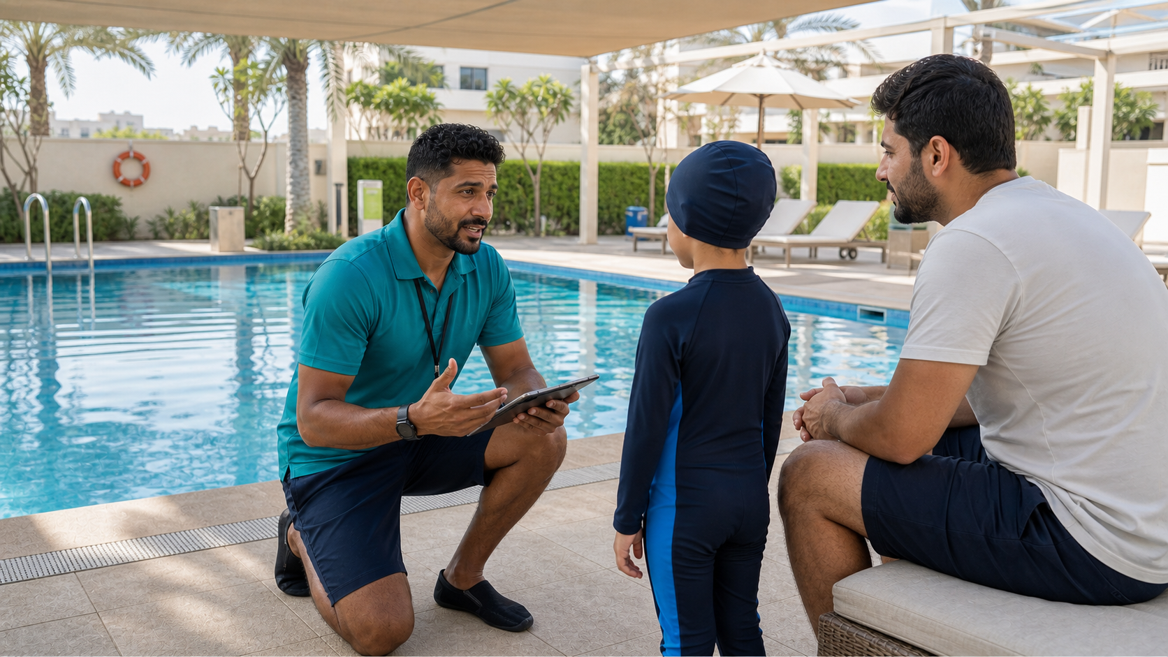 male swimming instructor reviewing pool safety and lesson goals with a parent before a Dubai kids swim class