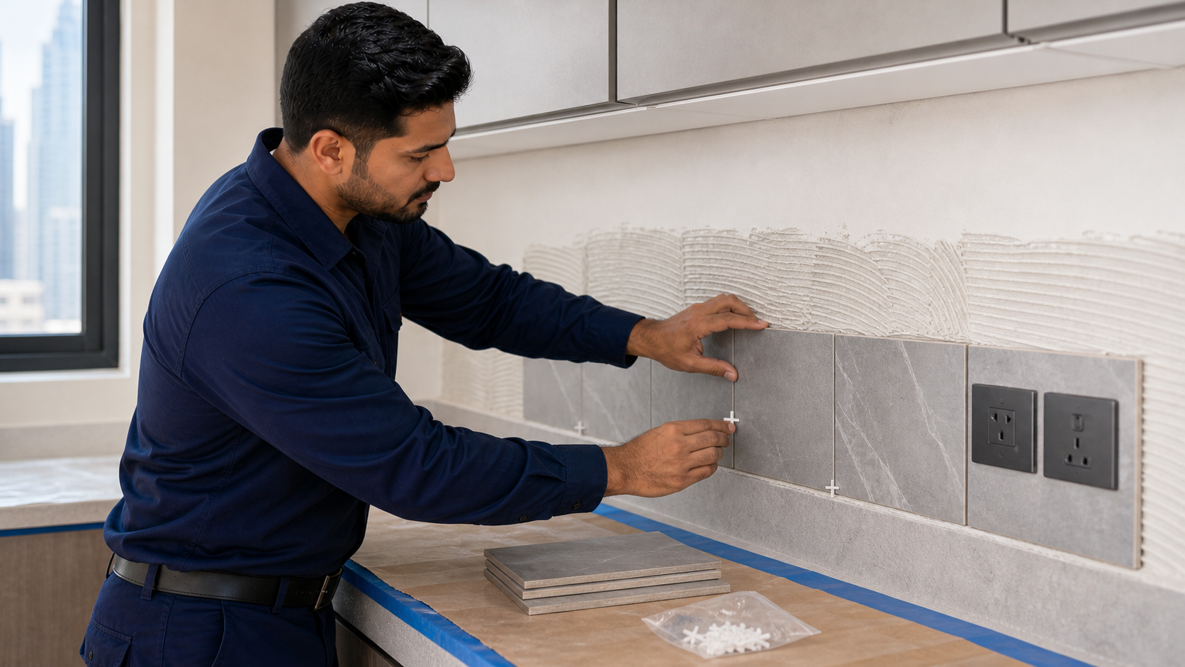 male installer setting backsplash tiles around outlets in a Dubai kitchen