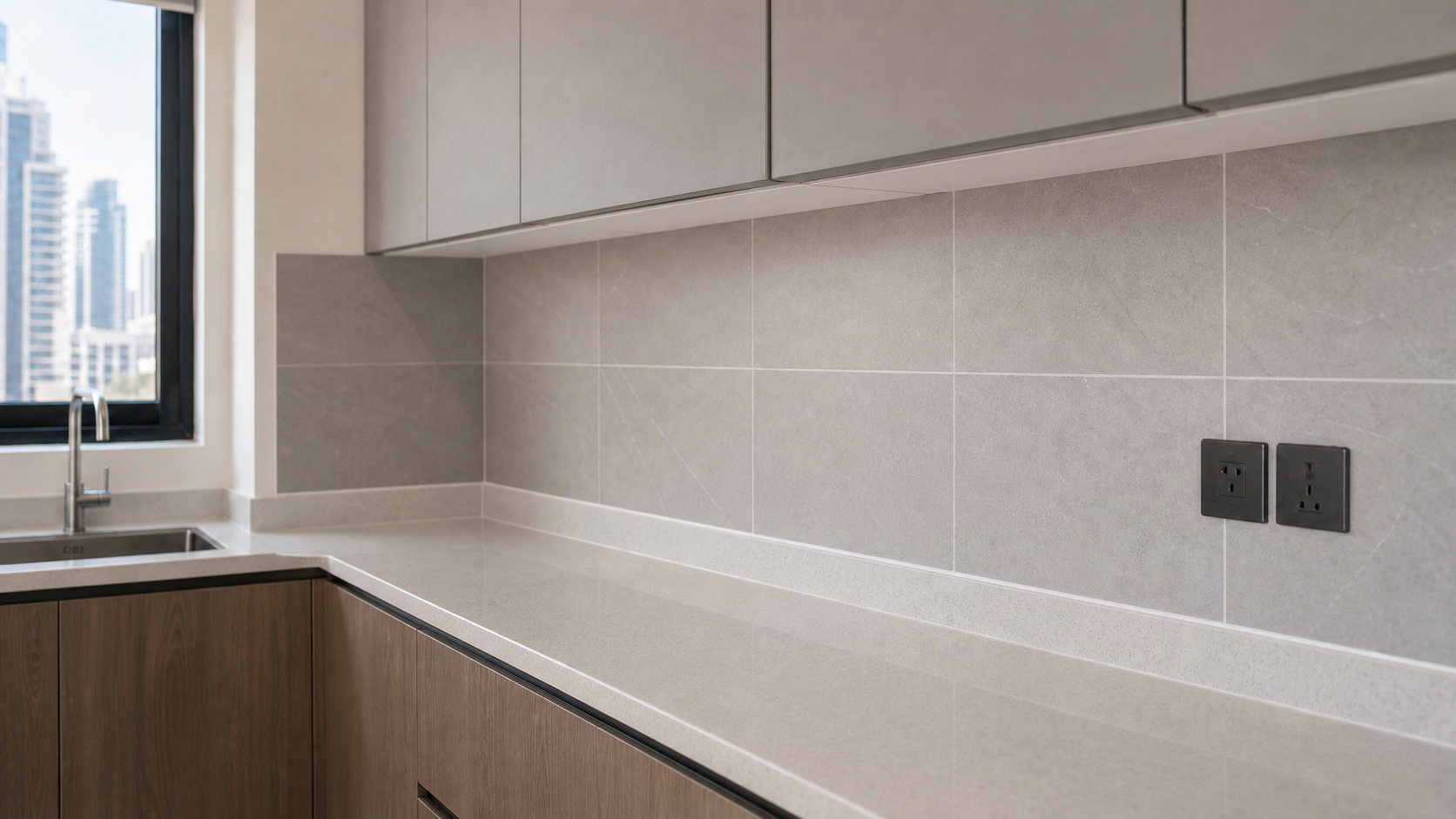 finished kitchen backsplash detail with clean grout and silicone in a Dubai home