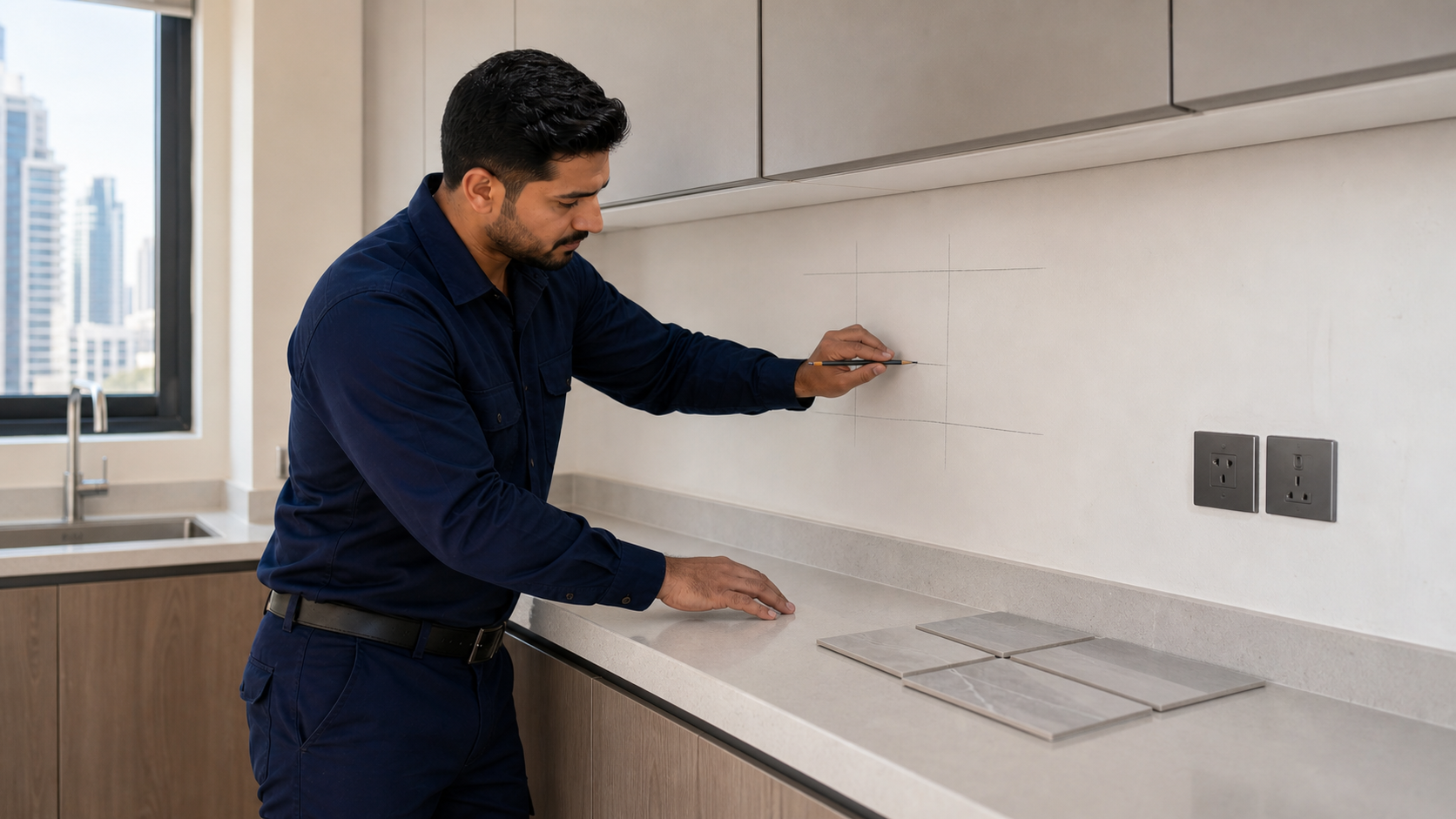 male tiler checking a kitchen backsplash wall in a Dubai apartment kitchen