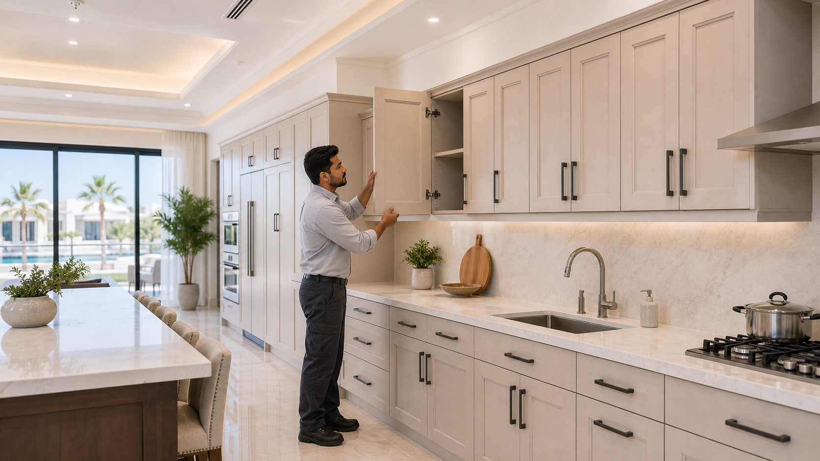 male carpenter aligning replacement kitchen cabinet doors in a Dubai villa