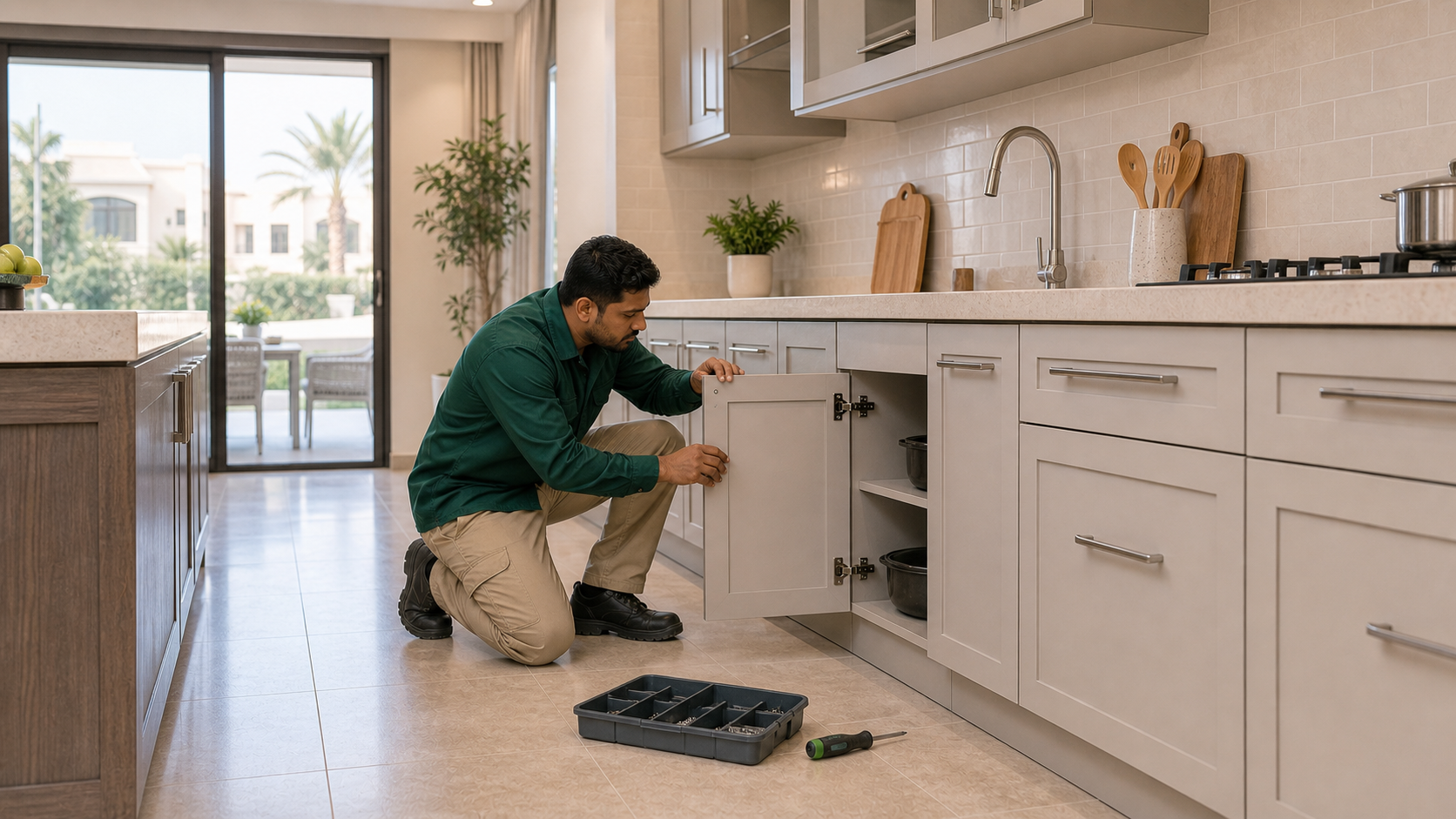 male carpenter checking kitchen cabinet hinges and handles in a Dubai townhouse