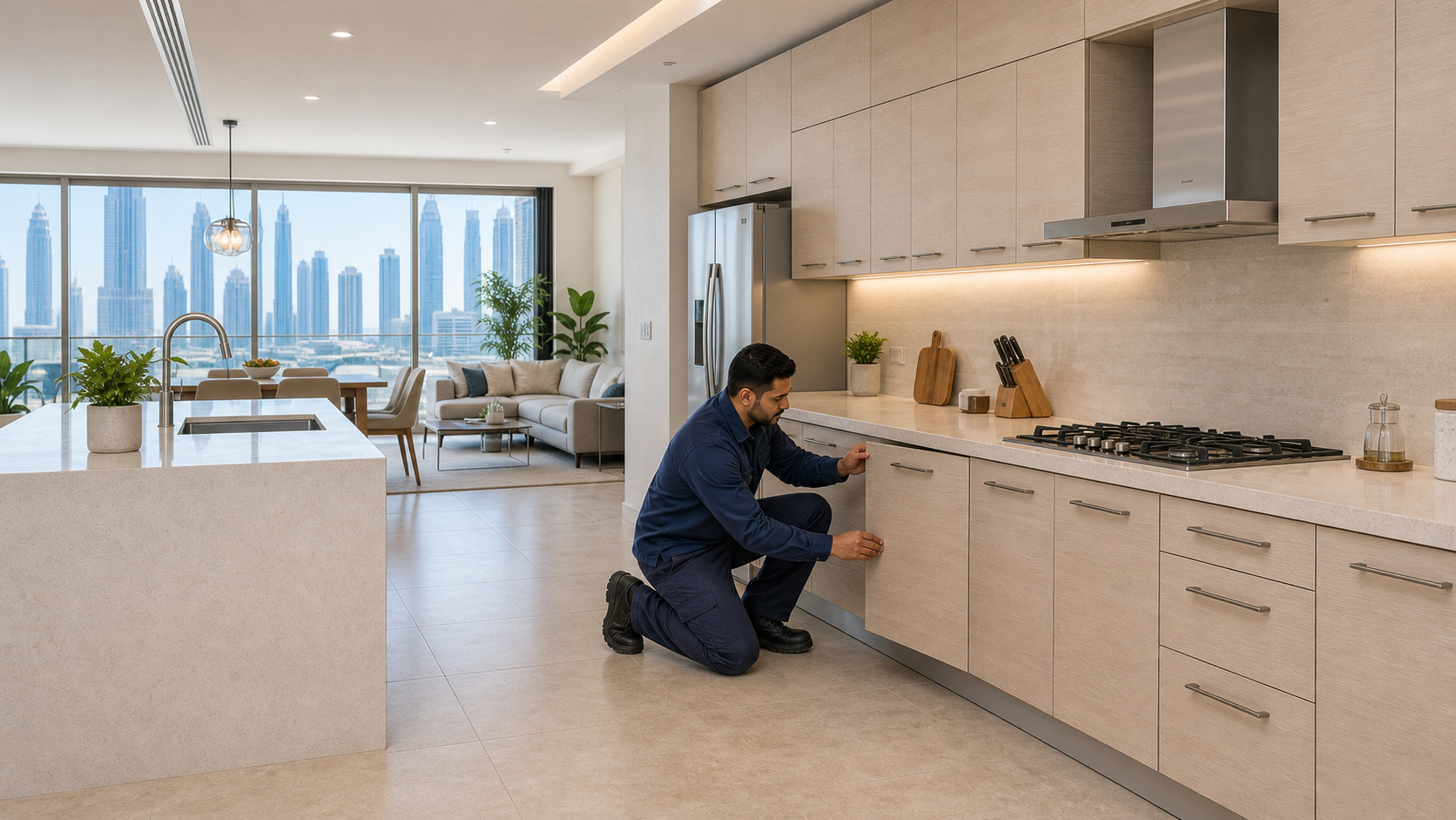 male carpenter checking kitchen cabinet doors in a Dubai apartment