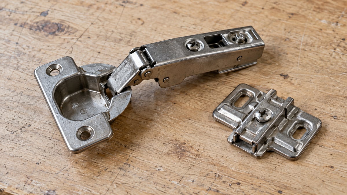 Detached concealed cabinet hinge and a separate mounting plate on a workbench