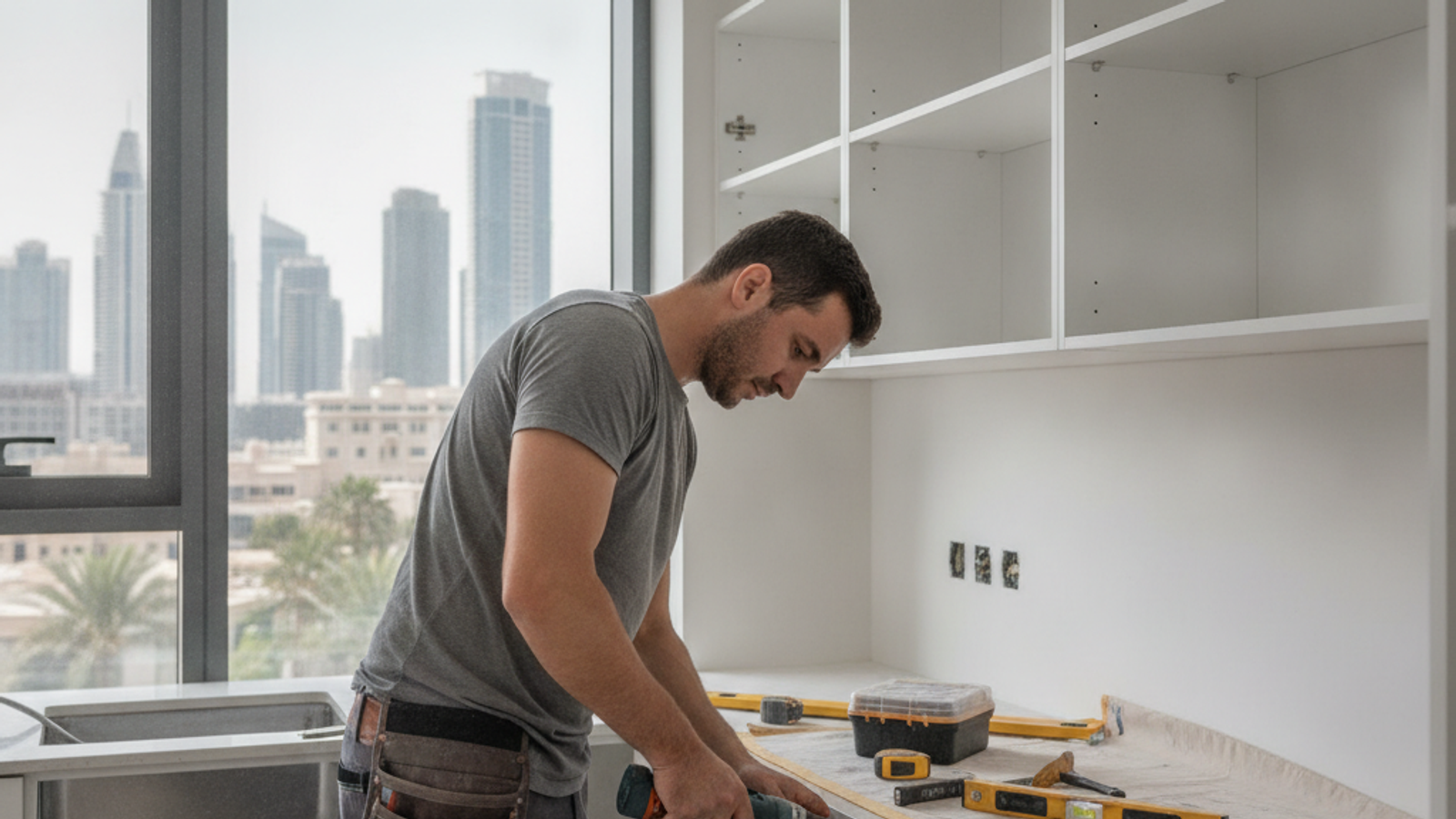 carpenter installing kitchen cabinet doors in a Dubai apartment