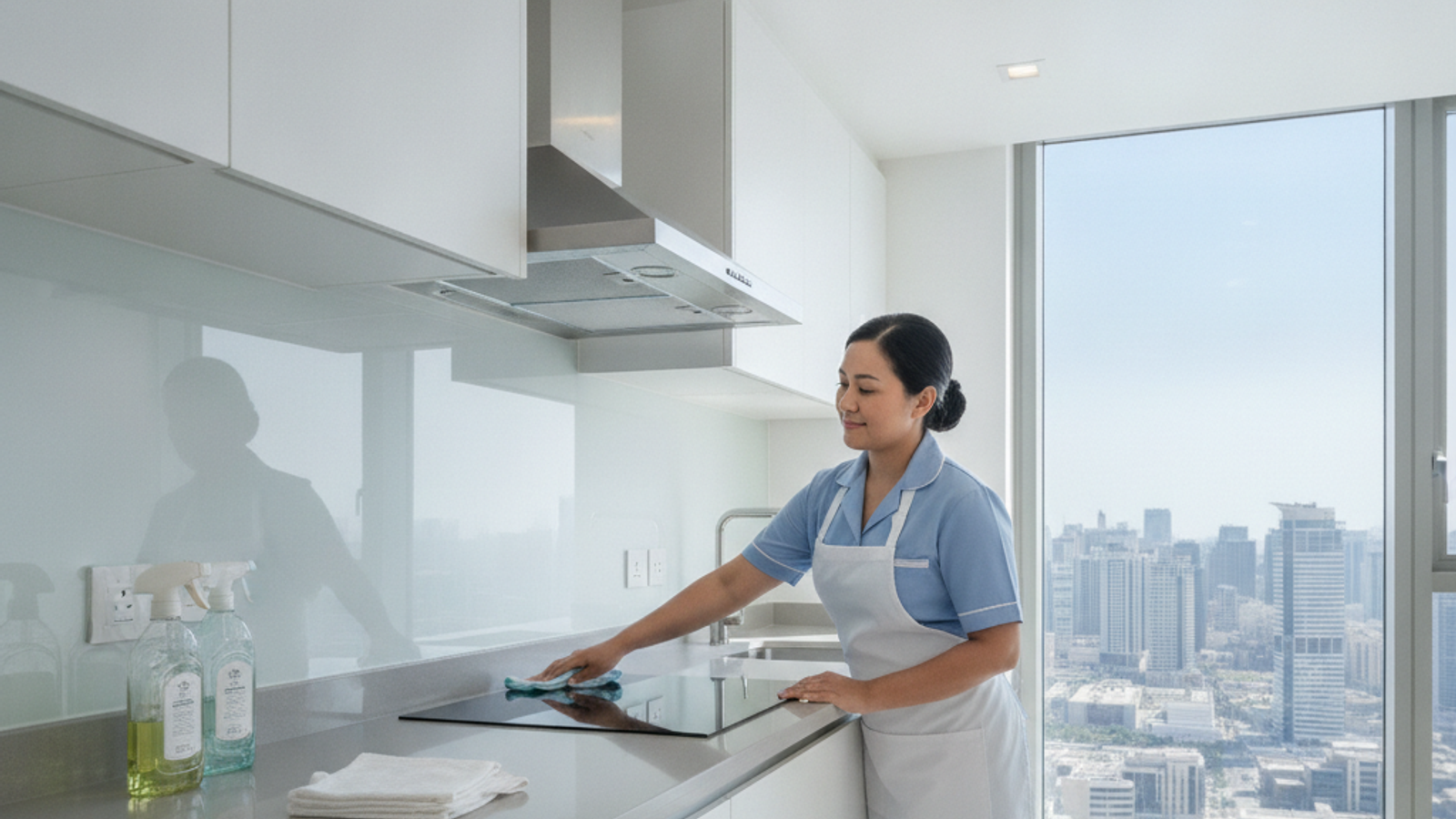 Filipina cleaner wiping kitchen counters in a Dubai apartment