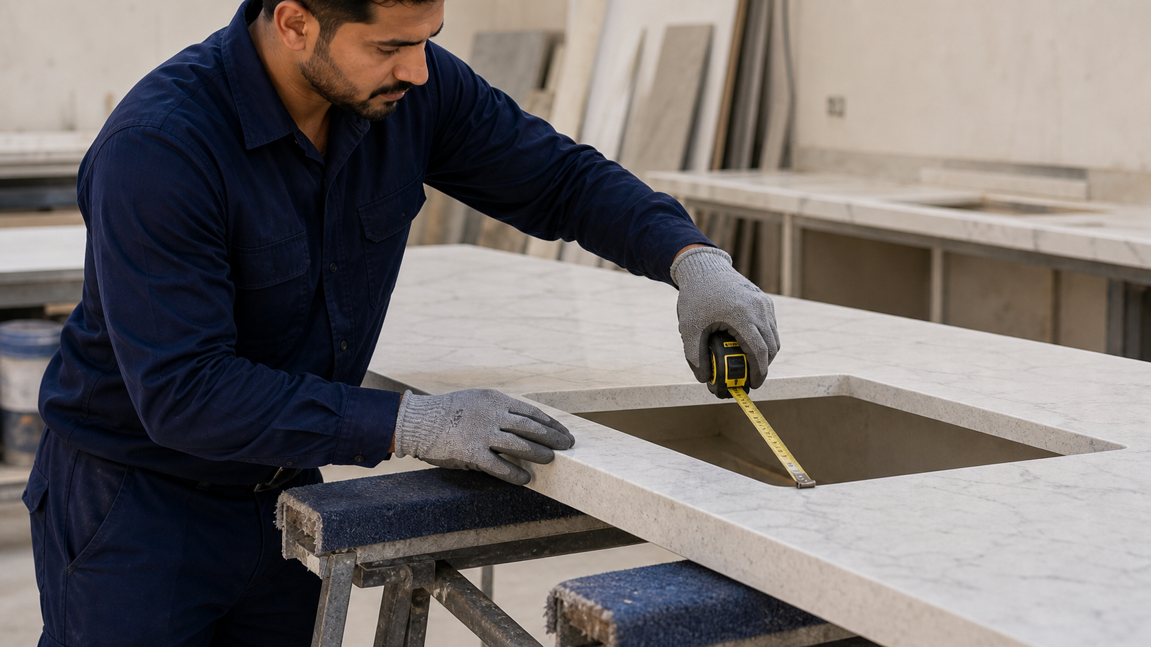 male countertop fabricator checking a sink cut-out on a quartz kitchen worktop