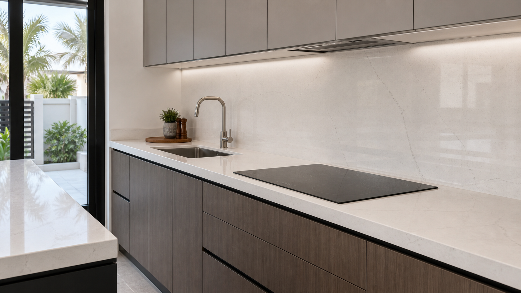 finished quartz kitchen countertop with clean sink and hob cut-outs in a Dubai home