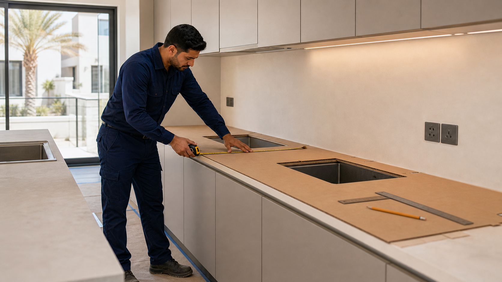 male installer measuring a kitchen countertop template in a Dubai villa kitchen
