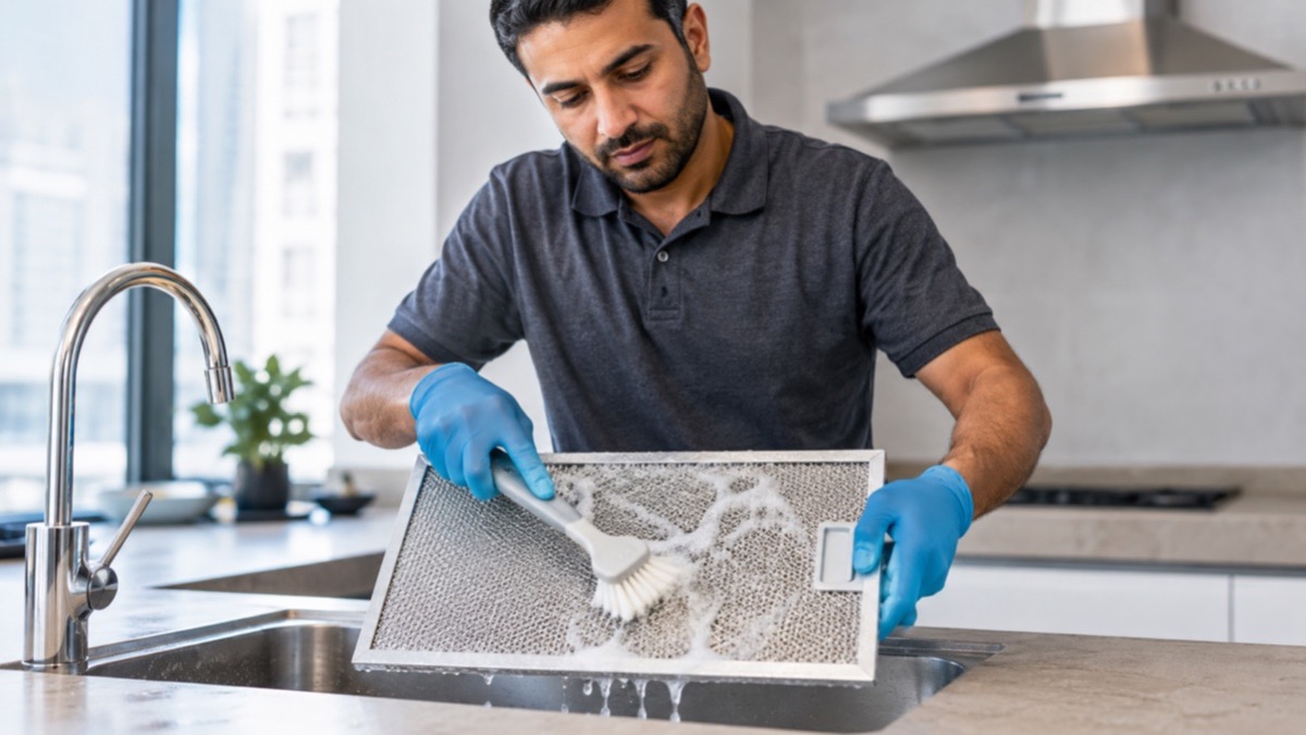 Cleaner washing a removable metal extractor-hood filter at a kitchen sink